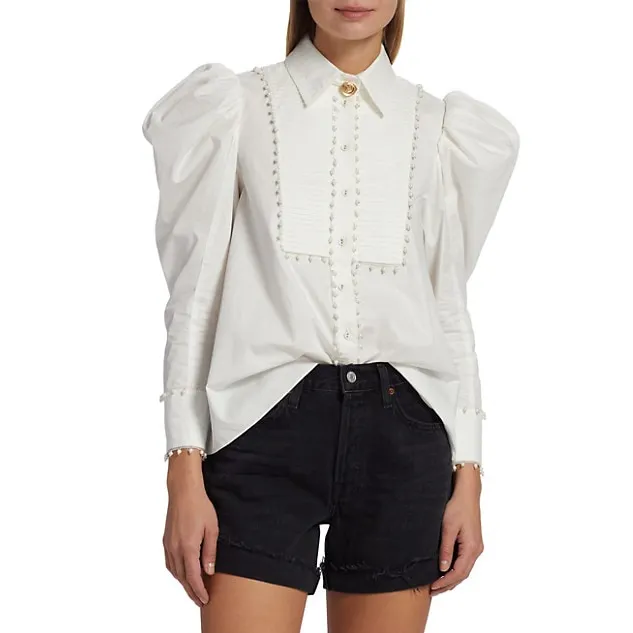 ホット販売新しいファッション女性タートルネックロングパフスリーブソリッドホワイトシャツトップソフトコットンプリーツクラシックパールブラウス女の子用