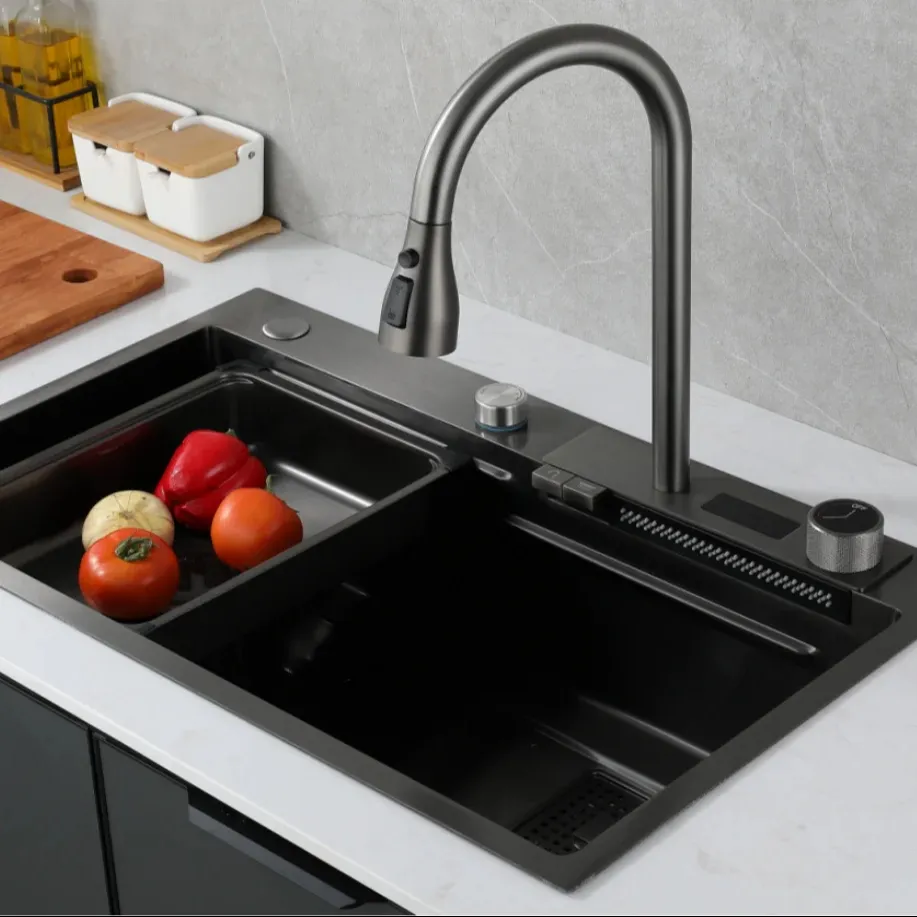 Pia de cozinha inteligente moderna em aço inoxidável com display digital para uso doméstico, lavadora cascata de copos em cascata