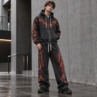 Ensemble sweat à capuche zippé et pantalon IKDEER personnalisé, motif flamme, détails œillet, tenue deux pièces pour homme, idéal pour le quotidien et le streetwear