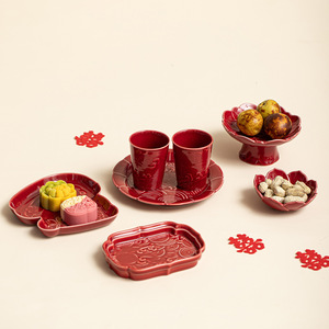 Juego de Bandejas de Servir de Cerámica Estilo Chino, Color Rojo, con Diseño Floral, Plato de Porcelana para Postres y Frutas, Uso Residencial - Product Image 1