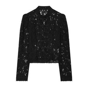 Blusa <span class=keywords><strong>de</strong></span> Encaje Sexy Personalizada <span class=keywords><strong>para</strong></span> Mujer, Blusa Ajustada con Cuello Mandarín <span class=keywords><strong>de</strong></span> Crochet, OEM/ODM por Fábrica <span class=keywords><strong>de</strong></span> Ropa China, Camisas Vintage - Product Image 1