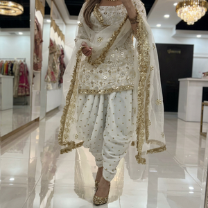 Ensemble Salwar Kameez en soie tissée à pois brodés de sequins blancs, réversible, avec dupatta, tenue de fête de mariage pour femmes, style Inde Pakistan - Product Image 1