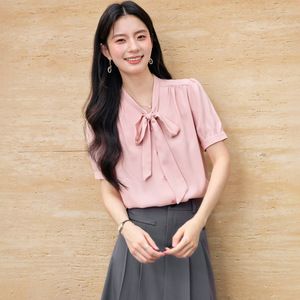 White Chiffon Blouse With Bow Tie Short Sleeve Office Women's Shirt Solid Color Polyester <b>Wrap</b> And Tie Style - Product Image 4