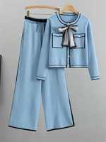 Ensemble élégant pour femmes, cardigan en tricot boutonné avec poches et pantalon en tricot ample avec poches, deux pièces