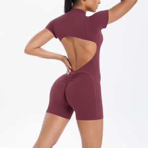 Tenue de sport respirante pour femme, taille haute, dos nu, manches courtes, avec logo personnalisé, pour yoga et fitness, idéale pour la gym et l'entraînement, effet froncé aux fesses, grandes tailles - Product Image 6
