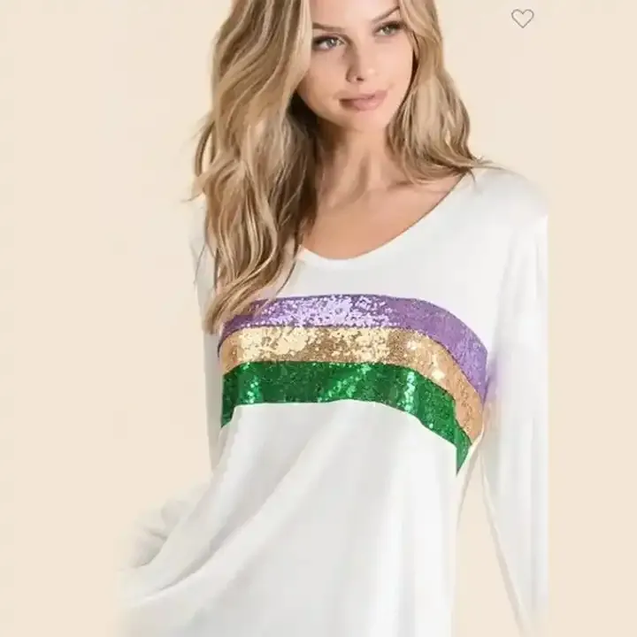 फैशन कैज़ुअल लंबी आस्तीन तीन धारी सेक्विन टीशर्ट कंट्रास्ट रंग स्लिप कढ़ाई सेक्विन महिलाओं की टी-शर्ट