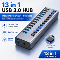 Hub USB 3.0 alimenté à 13 ports, multi-splitter en aluminium avec 13 interrupteurs individuels, adaptateur secteur 12V 5A pour PC