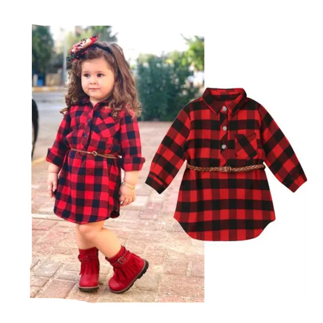 Top leader-vestido de princesa de manga larga para niñas pequeñas, ropa a cuadros roja para fiesta, 0-5 años