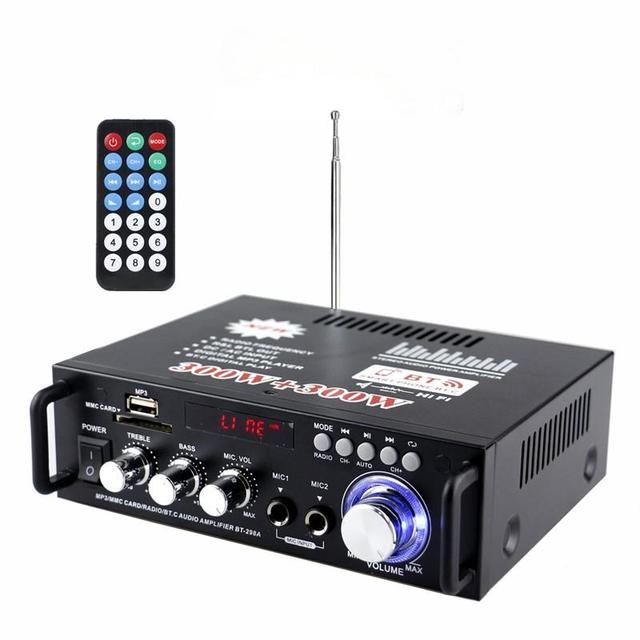 Professional Hi-Fi Audio Amplifier 300W*2 Channel Stereo Home Speaker KTV Mic Radio 12V220V Car Amplifier AV-298BT