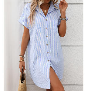 2026 Summer New Women's Sleeveless Striped Cotton and Linen Knee-Length Natural Breathable Shirt <b>Skirt</b> - Product Image 2