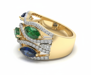 Bague de créateur en or multi-pierres précieuses et diamants, style saphir bleu et émeraude, bijou de mariage de luxe, bague statement - Product Image 3