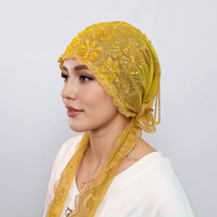 Foulard Islamique Premium 2025 à Pompon Queue de Poisson - Bonnet de Prière en Dentelle Florale Fait Main avec Ruban à Nouer