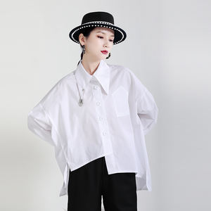 Blus longgar wanita gaya dewasa cahaya musim gugur 1983 blus longgar rasa tidak teratur kemeja asimetris belahan belakang - Product Image 3