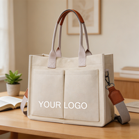 Bolso de Lona de Color Sólido OEM, Bolso Tote de Lona con Logotipo Impreso Personalizado, Múltiples Bolsillos y Correa Cruzada Ajustable para el Trabajo Diario