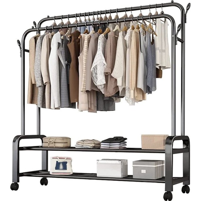 Heavy Duty Metal Multifunction Garment Rack 2-Layer Single Pole with Storage Shelf Double Tiers for Shoes and Clothing
