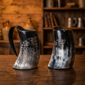 Lot de mugs à bière Viking Premium en corne de bœuf – Légers, recyclables, portables, écologiques, durables, avec couvercle en bambou, style américain, pour le camping - Product Image 1