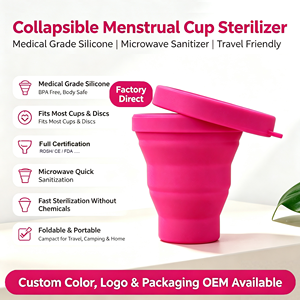 Stérilisateur de coupe menstruelle réutilisable en silicone de qualité médicale écologique et étui de rangement pliable, compatible <span class=keywords><strong>micro</strong></span>-<span class=keywords><strong>ondes</strong></span>, directement de l'usine OEM - Product Image 1