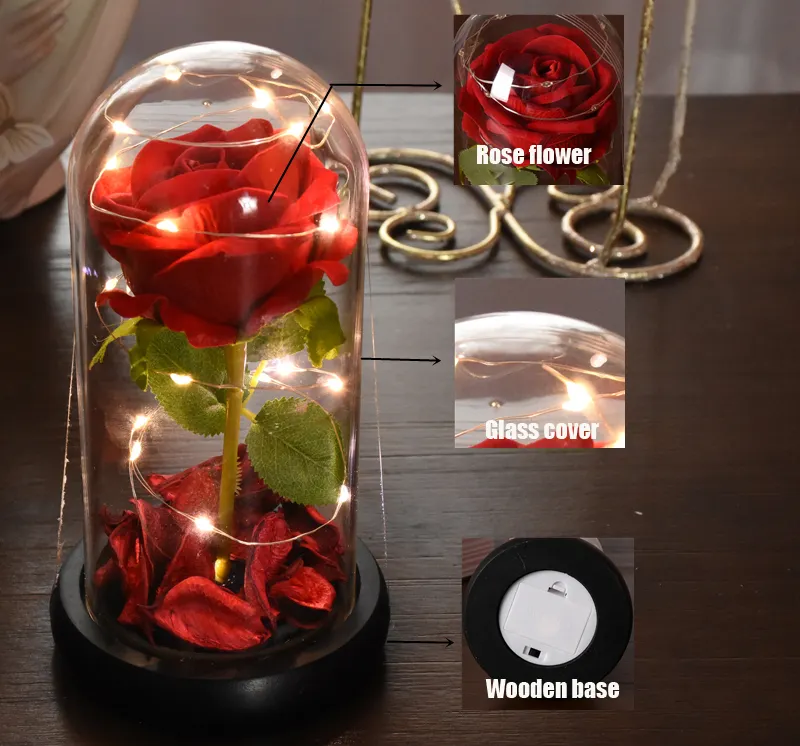 Gift Silk Flowers Artificial Rose In Glass Dome With Led Light Festival Valentine's Day Flowers Artificial flower in glass