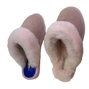 Logo personalizzato meino lana casa peluche pantofola femminile inverno caldo pantofole pelle di pecora pelliccia casa scarpe invernali per donna pantofole da casa