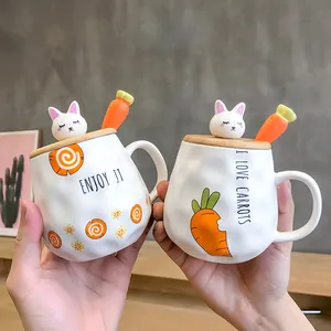 Cute Rabbit Mug Ceramic Coffee Mug with Wooden Lid Novelty Morning Milk Cups Kawaii Tea Mugs