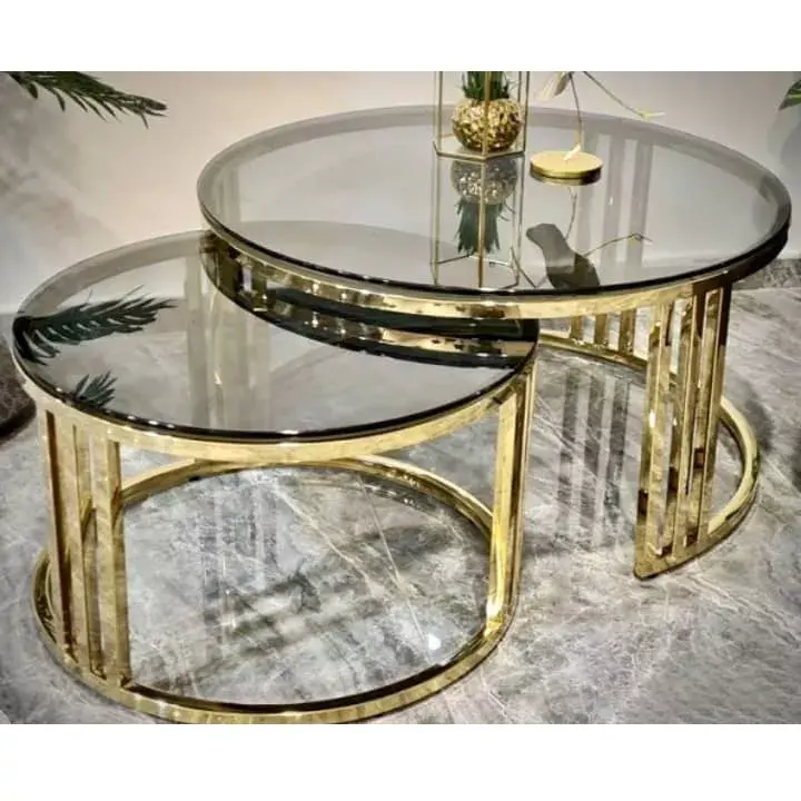 Nordic Living room round side table set metal stainless steel gold nesting tempered glass coffee table modern