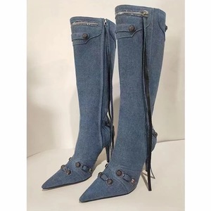 Nouvelles bottes pour femmes en denim, style rétro, à franges, tendance, talon aiguille, longueur genou - Product Image 1