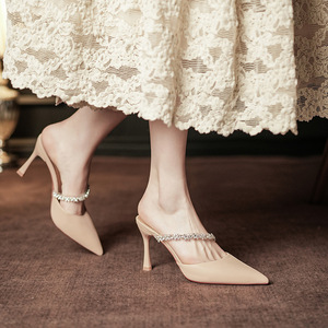 Escarpins à talon aiguille à bout pointu avec bride en strass, chaussures pour femmes à talon haut, slingbacks mode couleur unie 8189-1 - Product Image 1