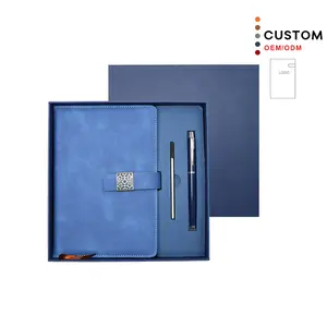 Caderno de escritório de negócios de luxo personalizado, diário recarregável em couro PU magnético A5 para escritório, conjunto de presente com caixa e caneta, 2024