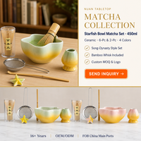 Ensemble de bols à matcha en céramique, motif étoile de mer, bol à thé kawaii 450 ml avec fouet en bambou Chasen pour cérémonie du thé, cadeau