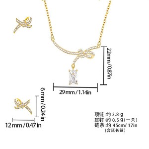 Parure de bijoux en cuivre nacré brillant, design nœud papillon, sertissage griffe, pour soirée, collier et boucles d'oreilles tendance pour femme - Product Image 5