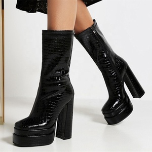 2021 Popular Double Layers Platform Shoes Ankle <b>Boots</b> Stone Print Handmade Women's Short Black Leather Big Size 43 - Product Image 1
