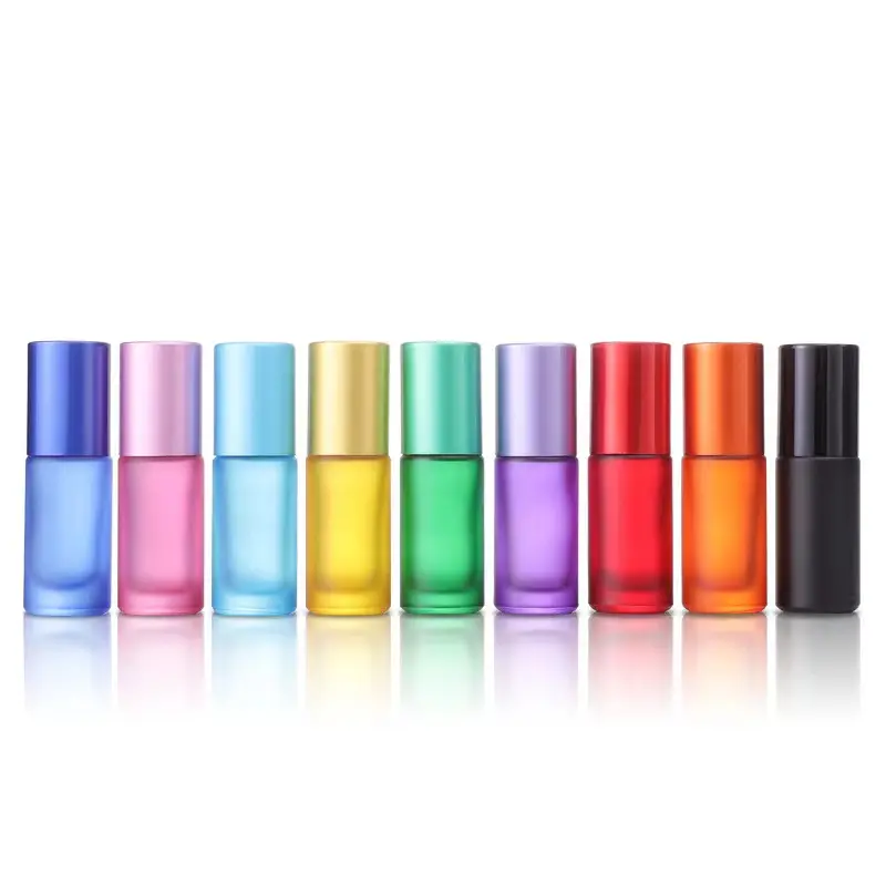 5ml colourful round perfume glass bottle with steel/glass ball and colorful alumonium cap Essential Oil Roll On Bottle parfum