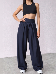 Pantaloni a Vita Alta a Gamba Larga in Tinta Unita, Lunghezza Intera, Vita Elastica, Traspiranti in Spandex e Poliestere, Abbigliamento Sportivo Casual da Donna - Product Image 4
