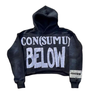 Sudadera con capucha para hombre con bordado de punto de sarga y efecto desgastado Sudadera con capucha desgastada de Terry francés para hombre con bordado - Product Image 1