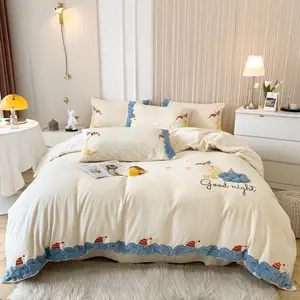 Inverno quente veludo bege bordado travesseiro capa bonito lua cartoon cama folhas têxteis-lar cama crianças conjunto atacadista