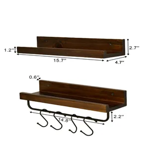 浮动搁板一套2个木质图片壁架壁挂式储物架，带挂钩和毛巾杆