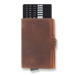 Vintage Genuine Leather Aluminum Rfid Men Business Id Card Holder Thin Pop Up Slim Card Case Wallet