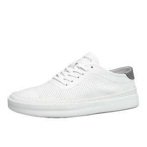 Pure White Soft Leather Lace Up Sneakers Thick Platform Skate Shoes Full Perforated Breathable Upper Gray Contrast <b>Heel</b> Patch - Product Image 2