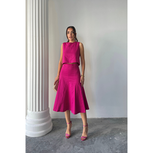 Ensemble deux pièces pour femme : Blouse sans manches en gabardine et jupe cloche fuchsia, taille S - Product Image 6