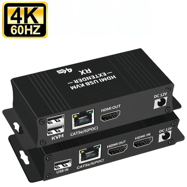 60M 4K 60HZ HDMI KVM Extender Over Ethernet CAT6 RJ45 HDMI2.0b Extender with POC USB KVM Control Mouse Keyboard Transmitter
