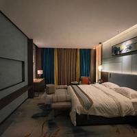 Lit d'hôtel avec tête de lit à accentuations bleu poudré, cadre en bois, base basse, taille Queen, mobilier de chambre pour hôtel et complexe hôtelier de type boutique
