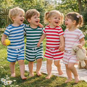 2026 Sommer Lässige 2-teilige Kinderbekleidungssets Baumwolle Gestreift Kleinkind Jungen Mädchen Outfits Neugeborene Babykleidung Großhandel Kurze Sets - Product Image 1