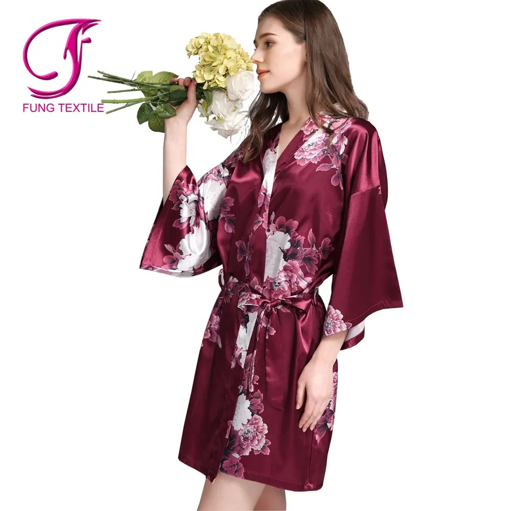 FUNG 3033 Luxury Bridal Bridesmaid kids Satin Floral Print Dressing Gown With Logo
