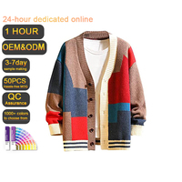 Pull cardigan pour homme personnalisable IMB053, ample, grande taille, automne-hiver, col en V, patchwork, décoration boutonnée, tricot de niche OEM