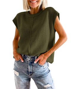 Summer New Girl's Hollowed Out Knitted Vest Striped Round Neck Sleeveless Ladies Solid Color Sweater Top - Product Image 4
