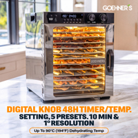 Déshydrateur alimentaire commercial à 12 plateaux, réglable, 1100W, double ventilateur, 5 modes prédéfinis, minuterie 0-48H, 30-90°C, pour cubes de navetteaux