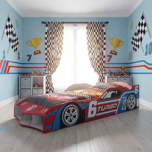 Lit de repos moderne en bois en forme de voiture de course, écologique, avec rangement et roulettes pour enfants de 3 ans et plus - Product Image 3