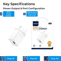 Chargeur USB 2.4A à port unique, adaptateur mural prise UK AC100-240V, charge rapide pour téléphone et tablette YG05