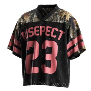 เสื้อยืดสไตล์เรโทรทรงโอเวอร์ไซส์สำหรับผู้ชาย แบบครอปตาข่ายทรงบ็อกซี่ ฟิตแบบเสื้อเจอร์ซีย์อเมริกันฟุตบอล - Product Image 1