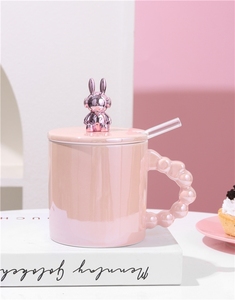 Mug en céramique Nordic Violent Rabbit 14oz pour petit-déjeuner, lait et café, avec couvercle mignon et paille en verre - Product Image 6